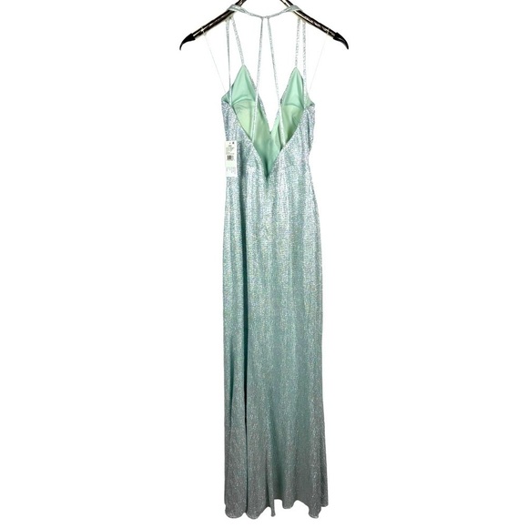 AIDEN MADDOX CELADON FOIL METALLIC KNIT STRAPPY V-NECK LONG FORMAL GOWN DRESS - Picture 4 of 15